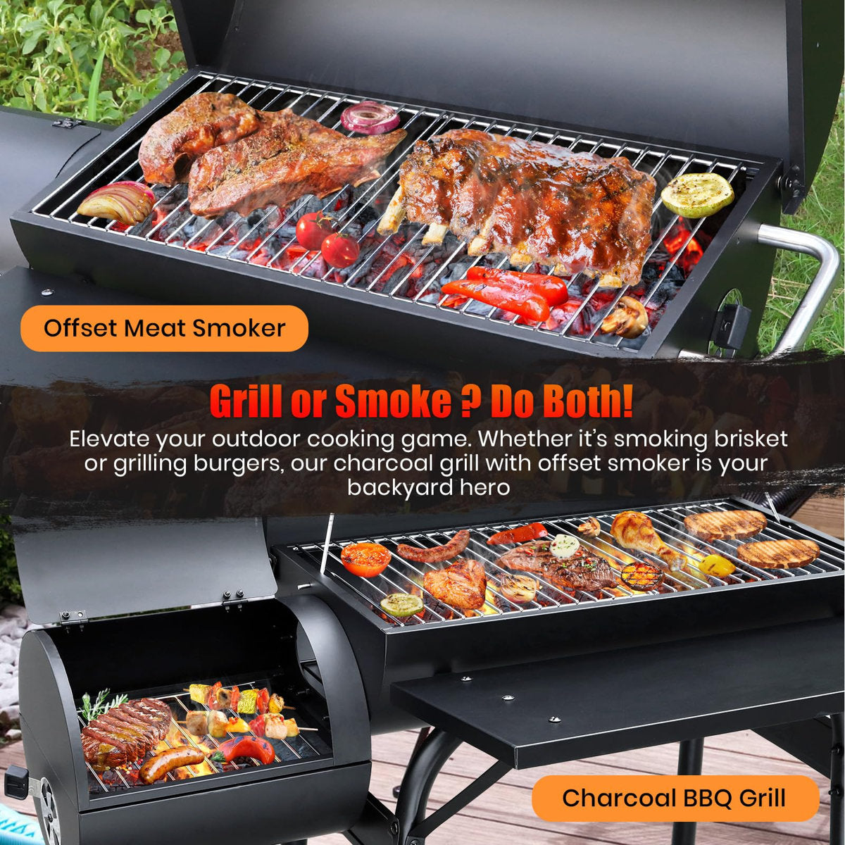 Charcoal Grill Offset Smoke, Charcoal Barbecue Grills with Spacious Cooking Area | Barrel BBQ Grill and Smokers Combo, (Black)