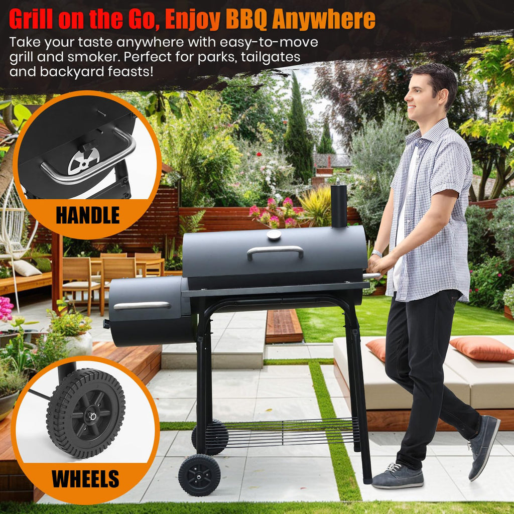 Charcoal Grill Offset Smoke, Charcoal Barbecue Grills with Spacious Cooking Area | Barrel BBQ Grill and Smokers Combo, (Black)