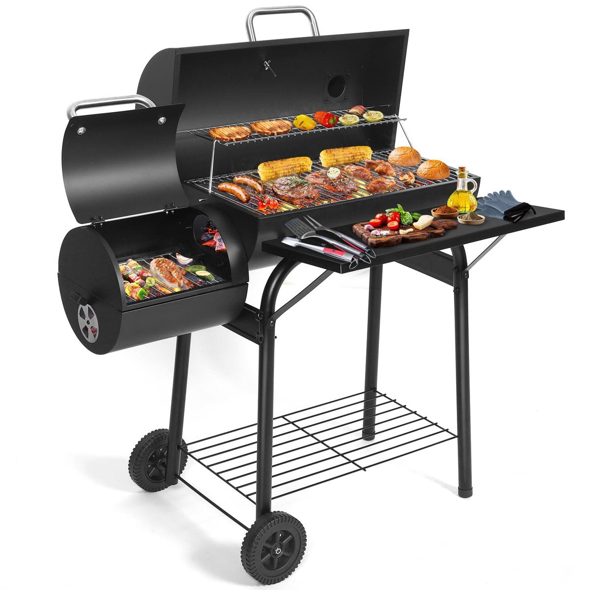 Charcoal Grill Offset Smoke, Charcoal Barbecue Grills with Spacious Cooking Area | Barrel BBQ Grill and Smokers Combo, (Black)