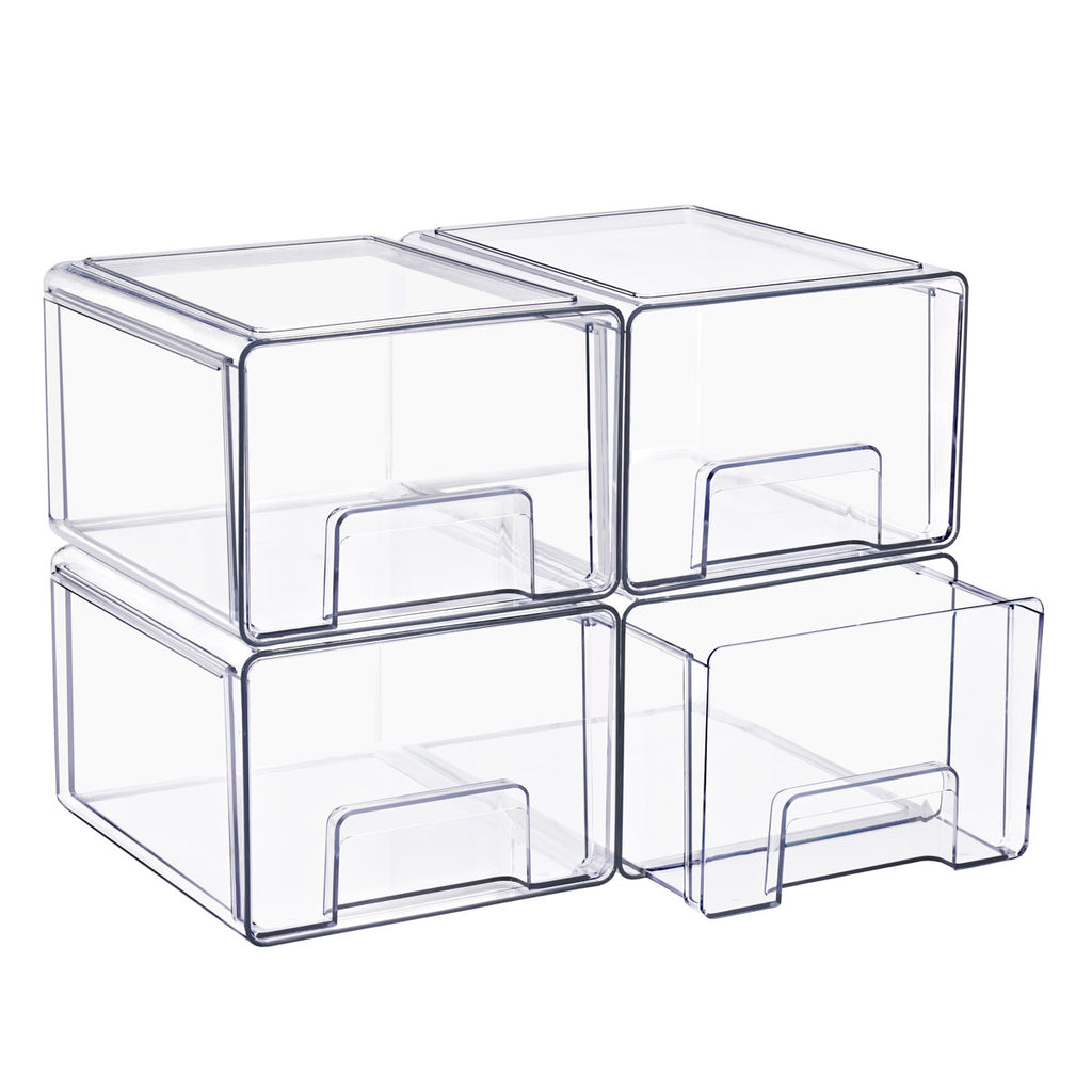 Clear Stackable Storage Drawers Case with Handles - for Bathroom, Closet, Pantry, Cabinet, Medicine & Baby Bottle Storage, 4 Pack, Large