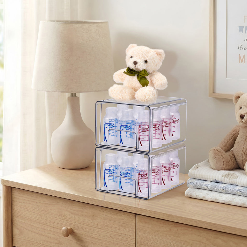 Clear Stackable Storage Drawers Case with Handles - for Bathroom, Closet, Pantry, Cabinet, Medicine & Baby Bottle Storage, 4 Pack, Large