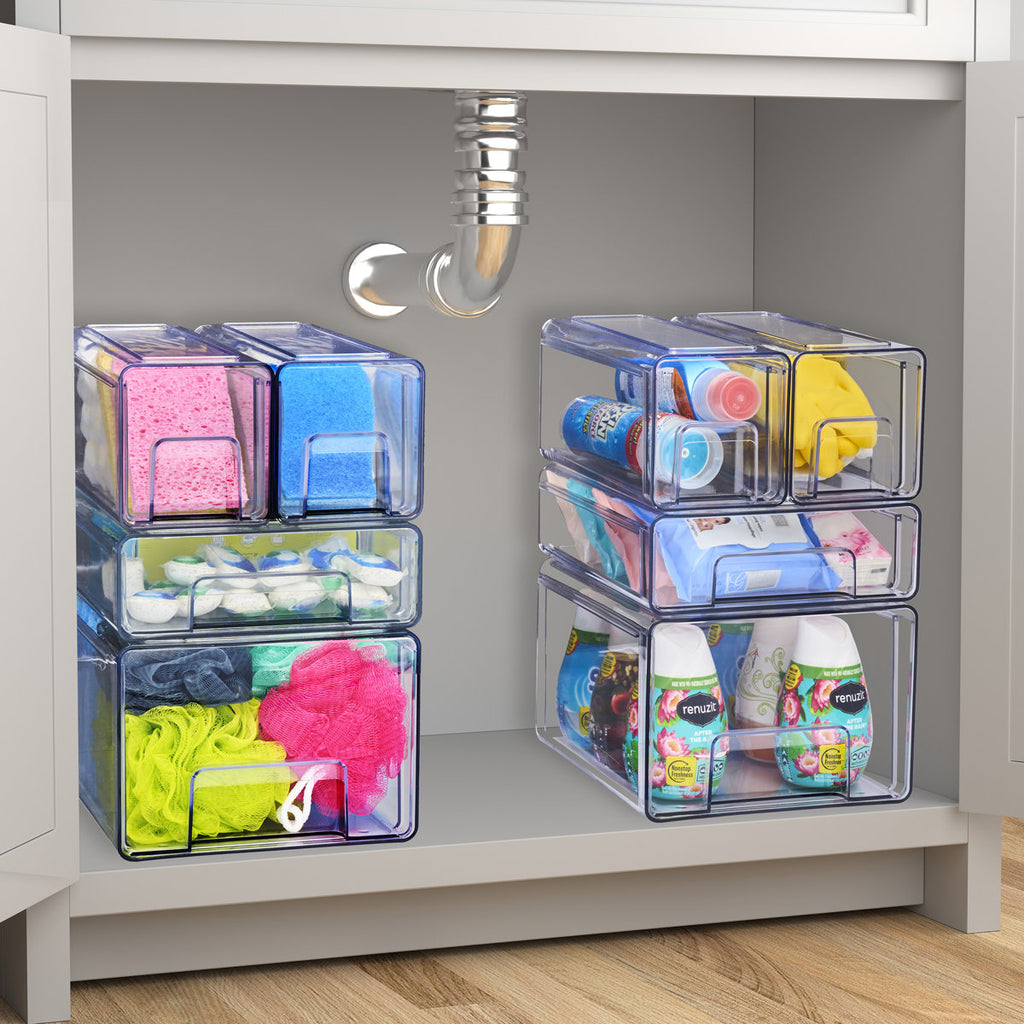 Clear Stackable Storage Drawers Case with Handles - for Bathroom, Closet, Pantry, Cabinet, Medicine & Baby Bottle Storage, 4 Pack, Large