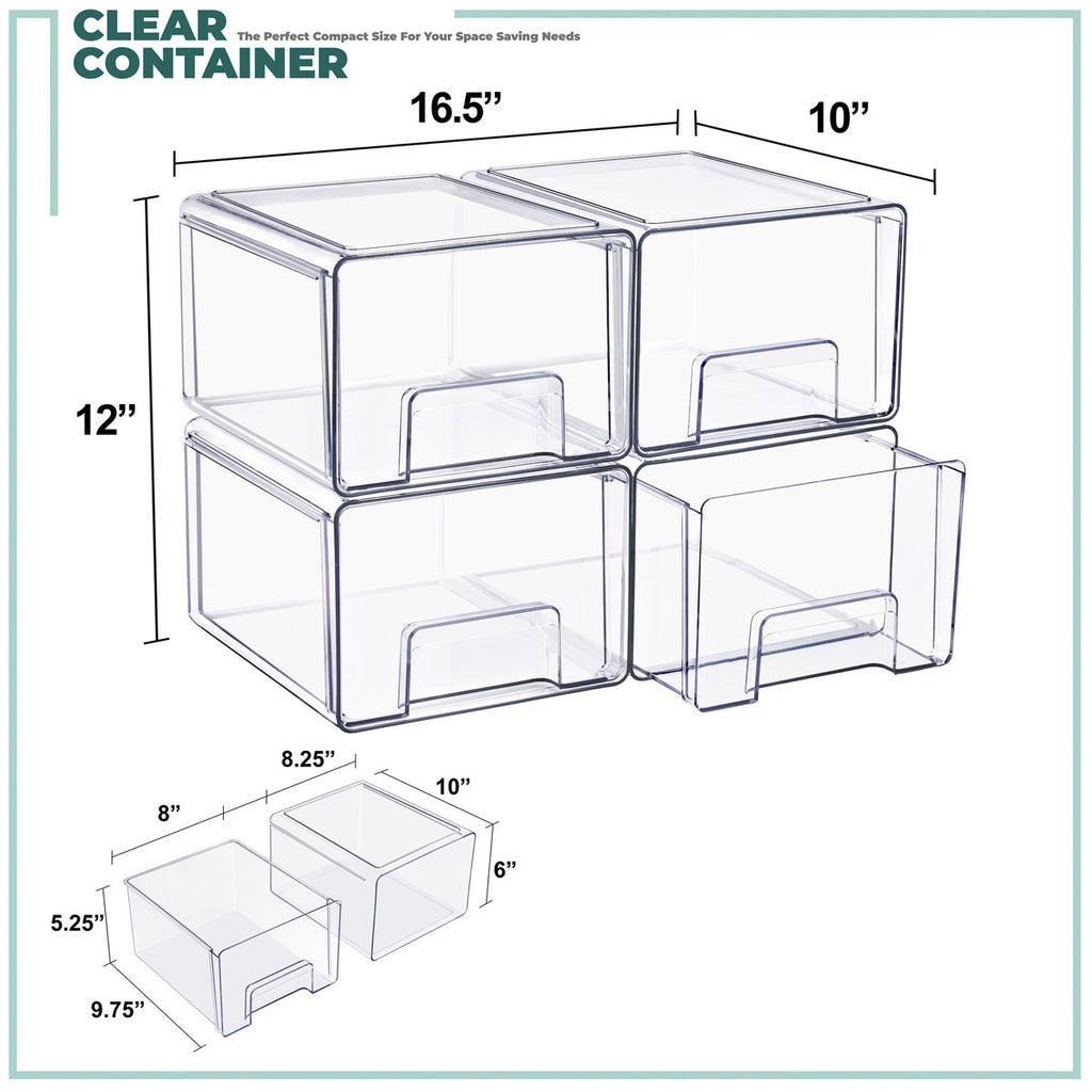 Clear Stackable Storage Drawers Case with Handles - for Bathroom, Closet, Pantry, Cabinet, Medicine & Baby Bottle Storage, 4 Pack, Large