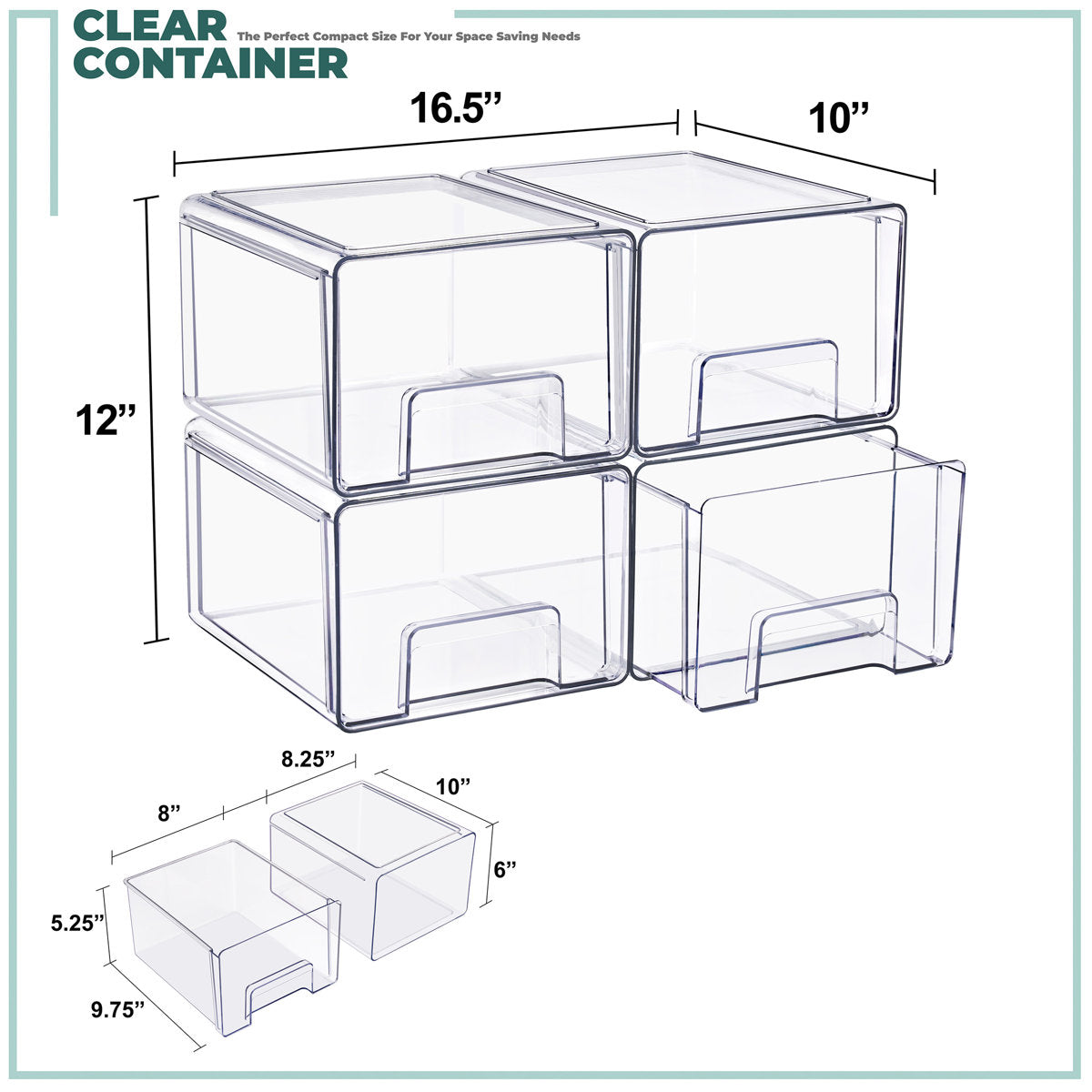 Clear Stackable Storage Drawers Case with Handles - for Bathroom, Closet, Pantry, Cabinet, Medicine & Baby Bottle Storage, 4 Pack, Large