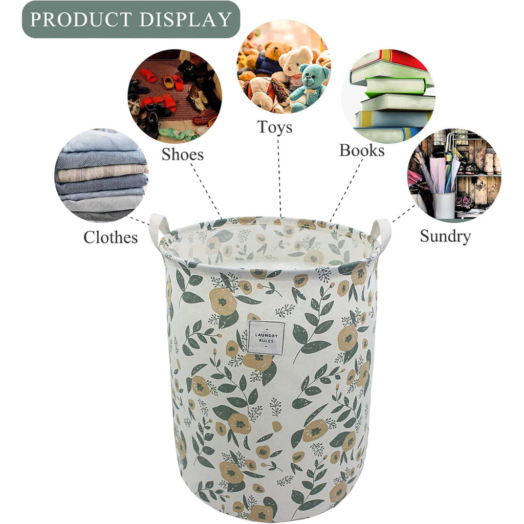 Collapsible Laundry Basket, Floral Printing Large Laundry Hamper For Baby Girls Kids Toys Clothes Organizer Foldable Storage Bin Waterproof Canvas Nursery Storage Basket With Handles (Green)