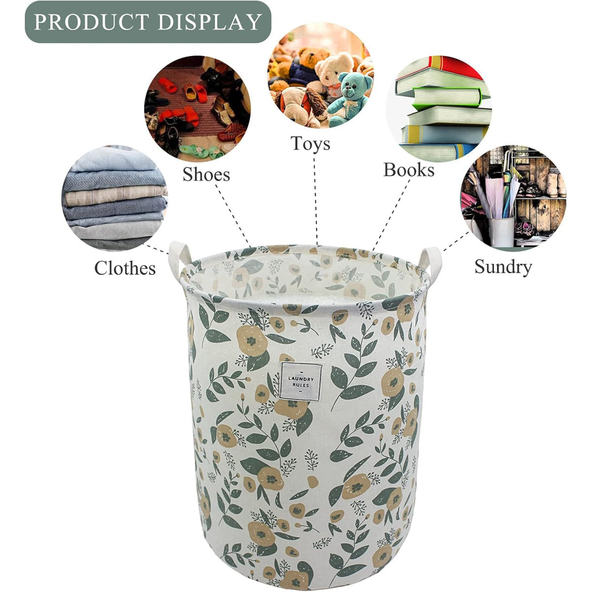 Collapsible Laundry Basket, Floral Printing Large Laundry Hamper For Baby Girls Kids Toys Clothes Organizer Foldable Storage Bin Waterproof Canvas Nursery Storage Basket With Handles (Green)
