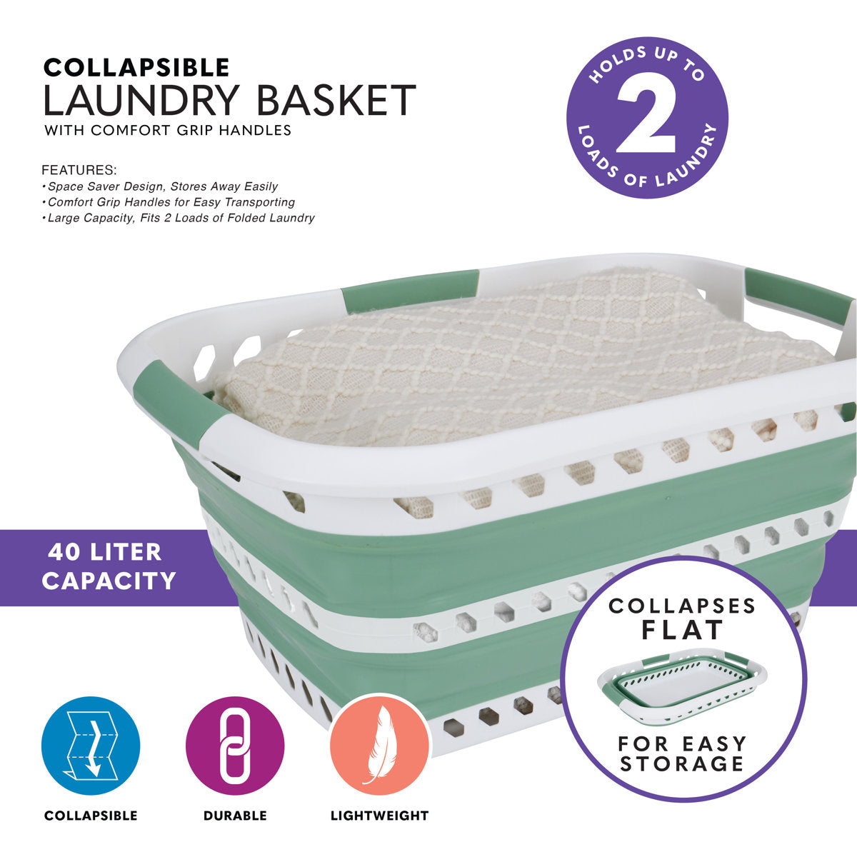 Collapsible Laundry Basket in White/Sage