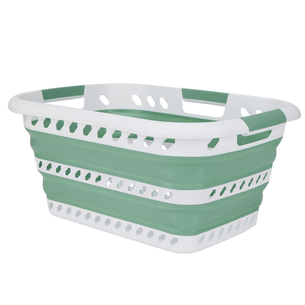 Collapsible Laundry Basket in White/Sage