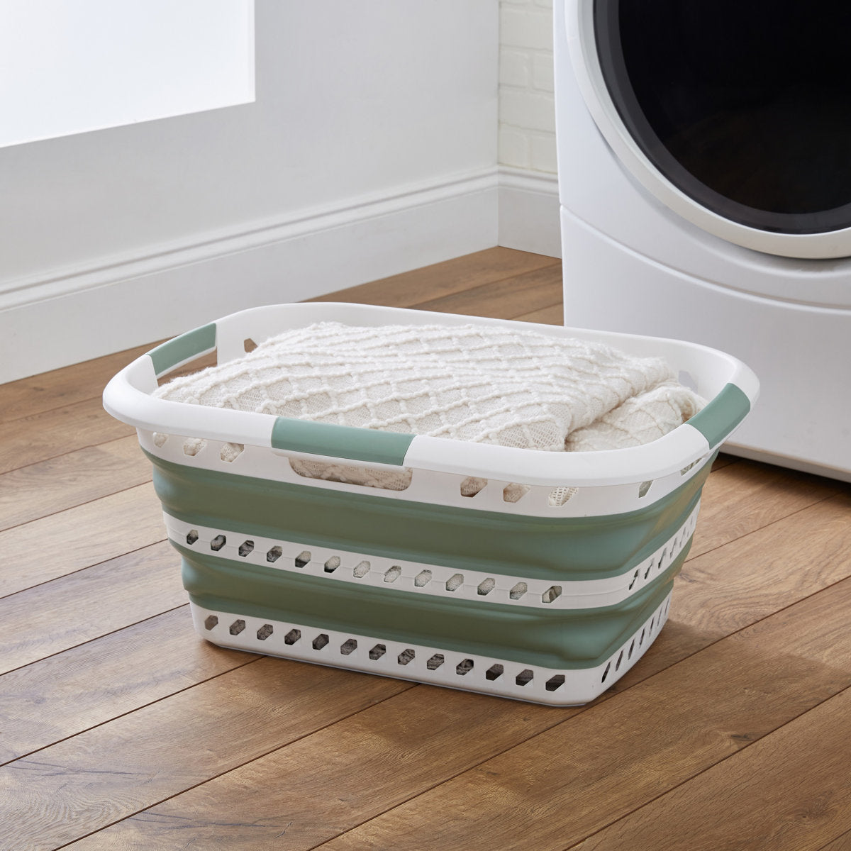 Collapsible Laundry Basket in White/Sage