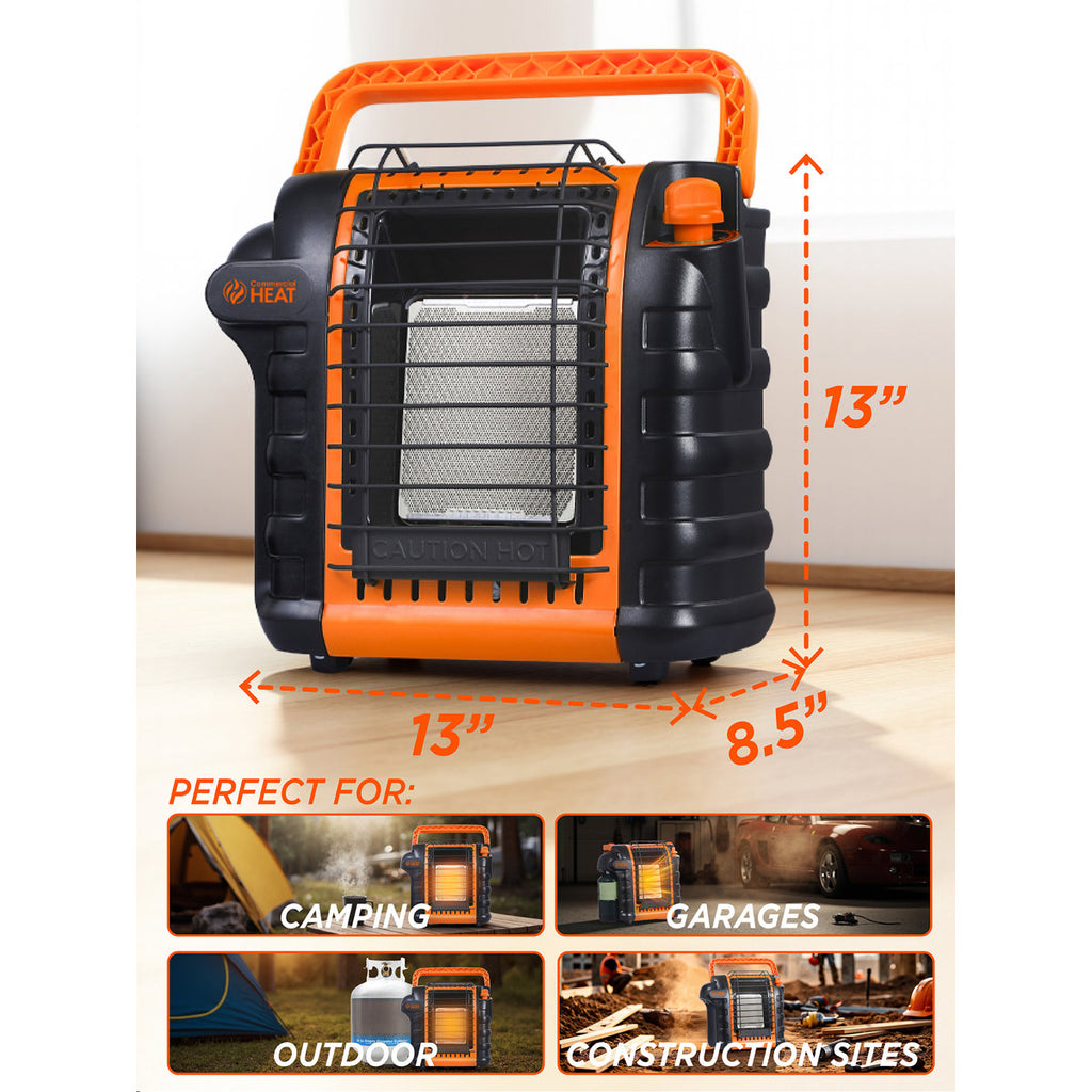 Commercial Heat 9000 Btu Portable Propane Heater For Outdoor Use, Patio Heater For Up To 300 Sq. Ft., 2 Heat Settings, Swivel Regulator Connects To 1 Lb. Propane Tank