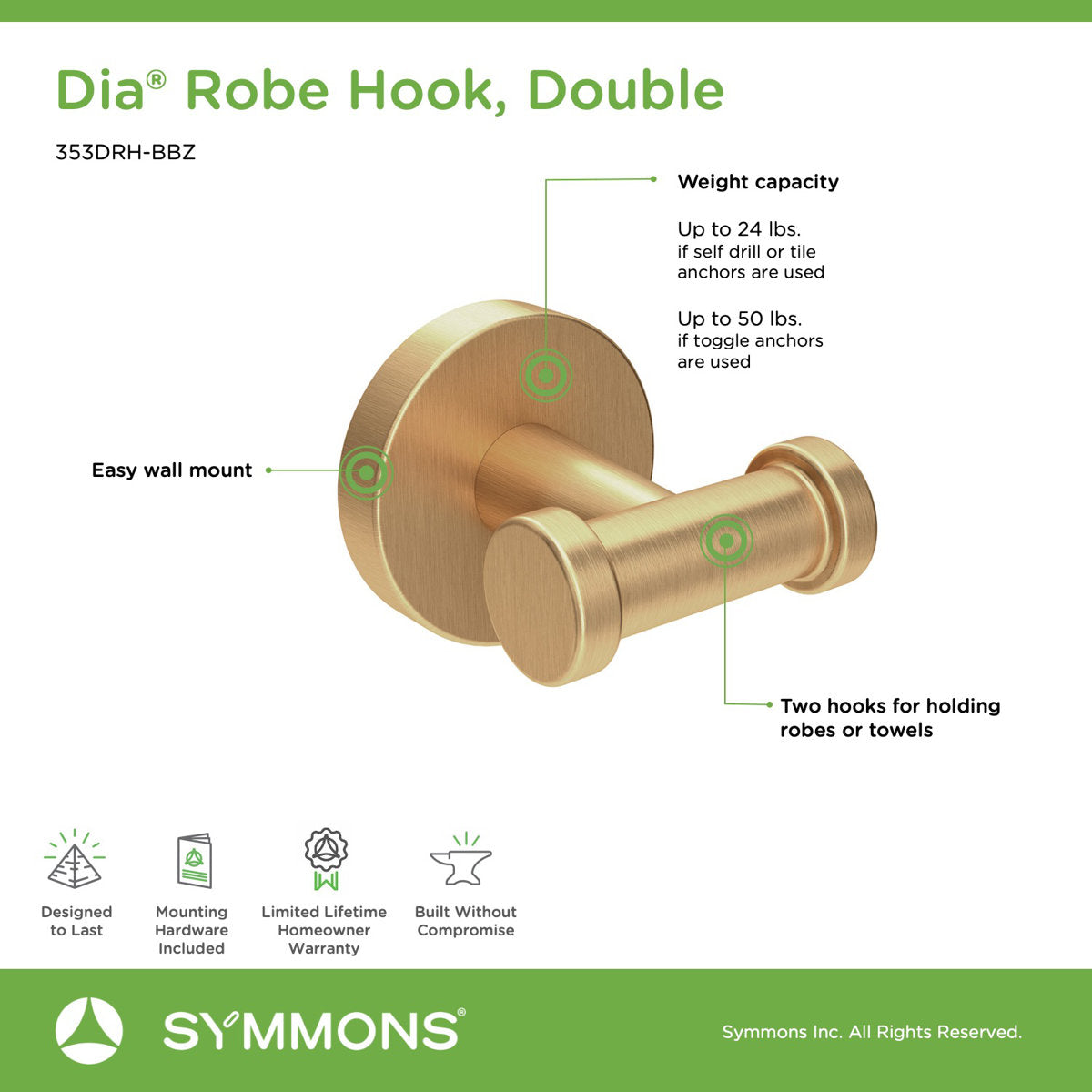 Dia Wall Mounted Double Robe Hook 353DRH-BBZ