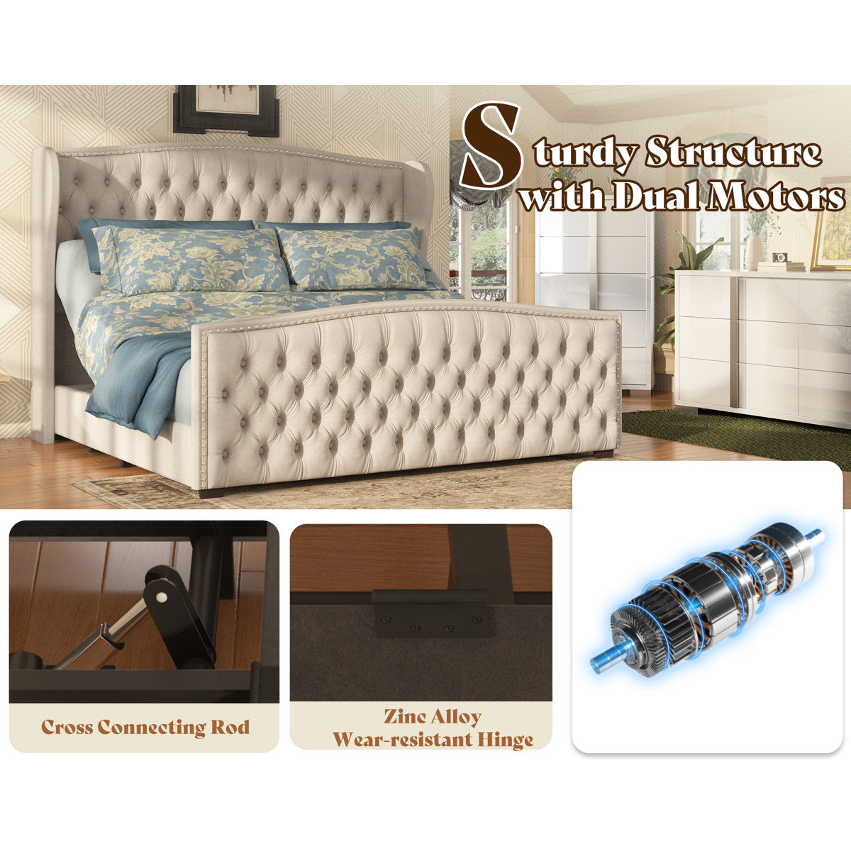 Dulane 50.8"H Adjustable Queen Bed with Nailhead Trim Wingback & Deep Button Tufted Headboard, Cream