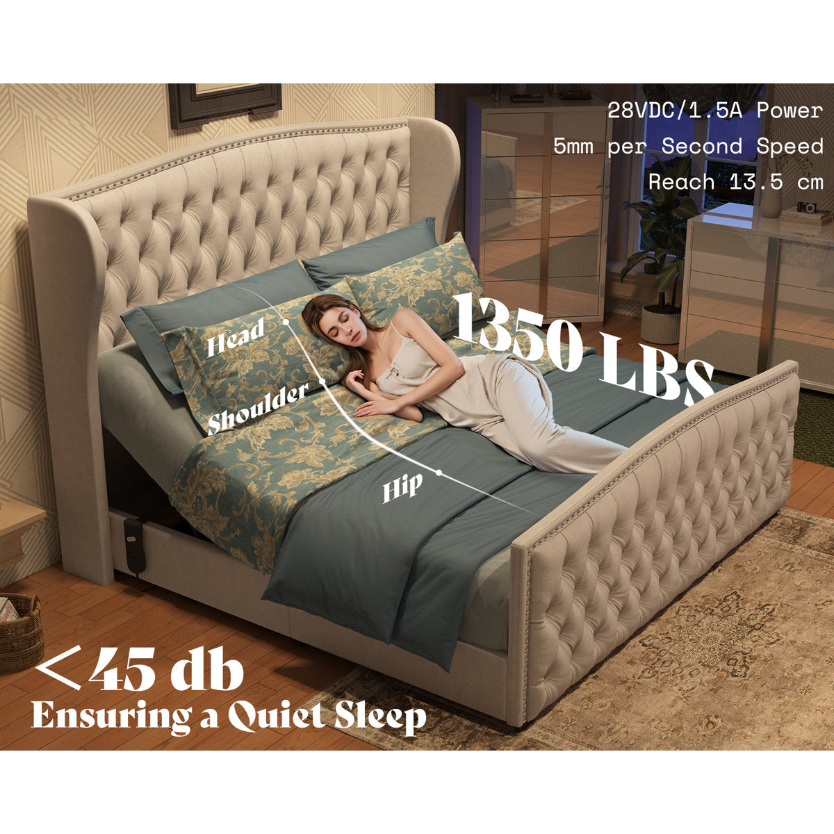 Dulane 50.8"H Adjustable Queen Bed with Nailhead Trim Wingback & Deep Button Tufted Headboard, Cream
