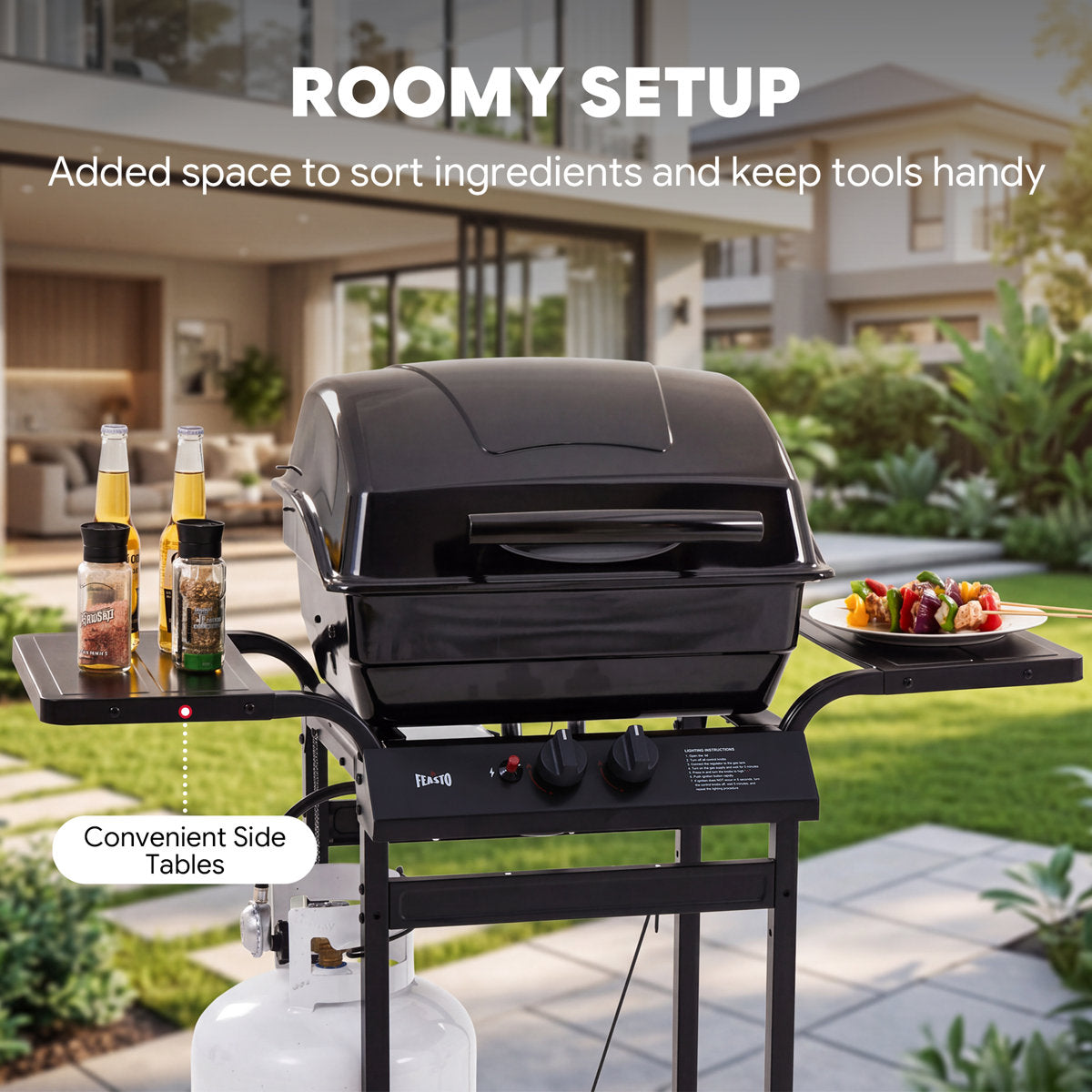 FEASTO 2-Burner Propane Gas Grill with 26,500 BTU, Porcelain-Enamel Body and Lid, 418 Sq. In. Cooking Area, Side Tables, and Warming Rack