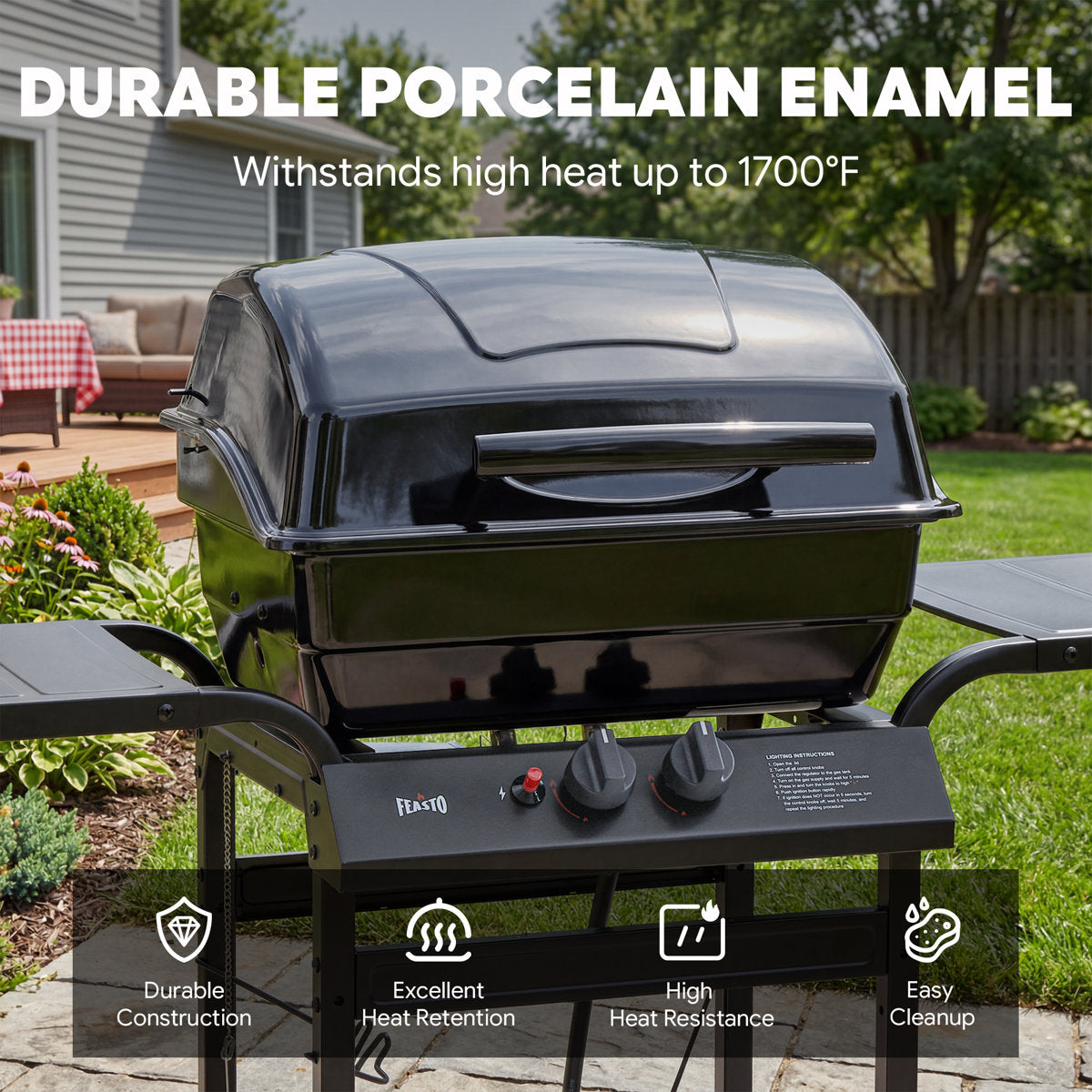 FEASTO 2-Burner Propane Gas Grill with 26,500 BTU, Porcelain-Enamel Body and Lid, 418 Sq. In. Cooking Area, Side Tables, and Warming Rack