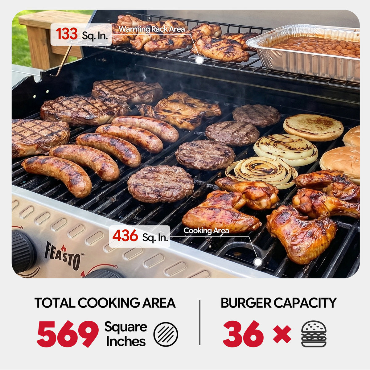 FEASTO 4-Burner Propane Gas Grill with Side Burner, 48,000 BTU, 569 Sq. In. Cooking Area, Stainless Steel Freestanding BBQ Grill with Cast Iron Grates, Warming Rack and Side Table