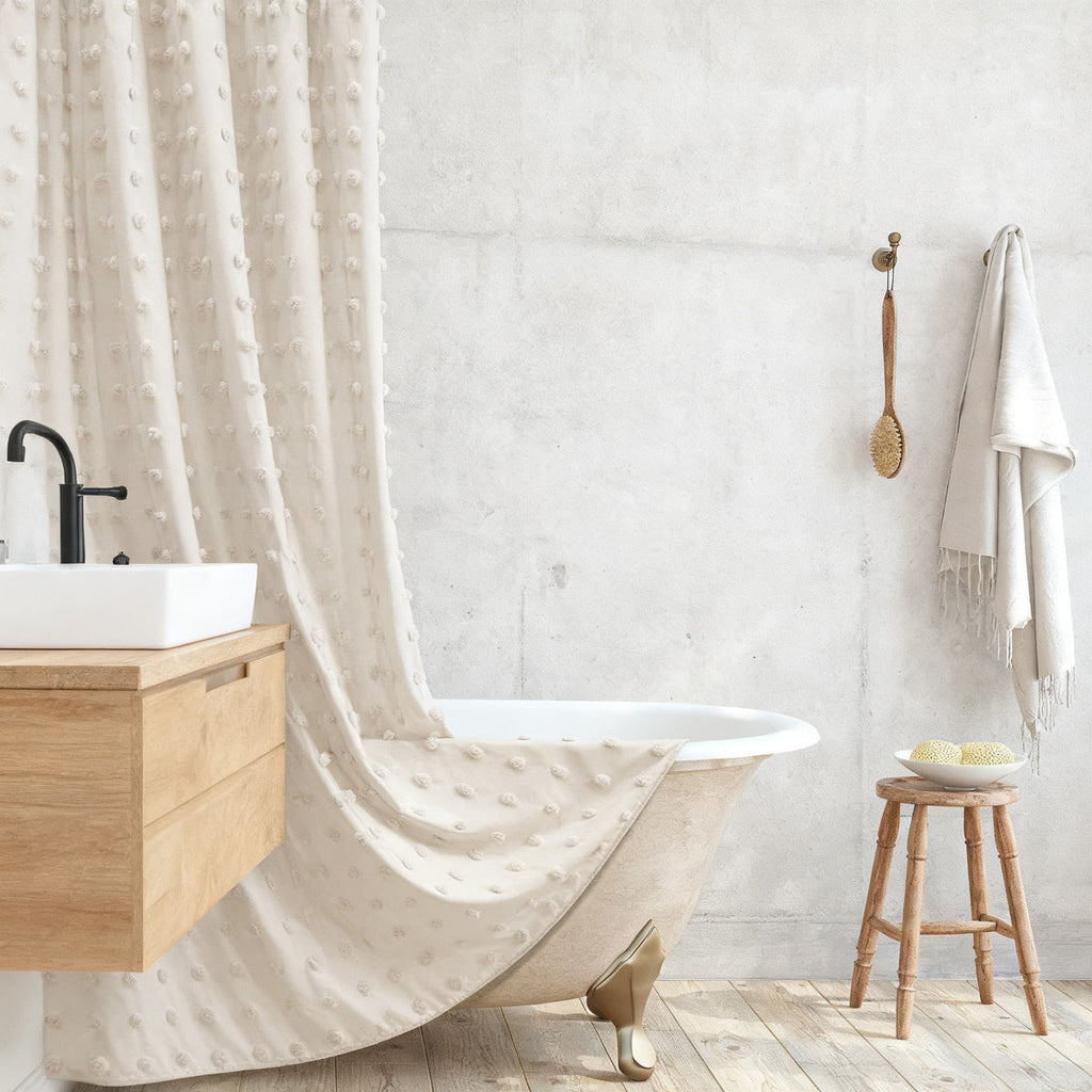 Farmhouse Shower Curtain With Tufted Pleat Floral Puffs, Textured Minimalist Design For Modern Bathroom, Water-Resistant Polyester Fabric With Hooks Included
