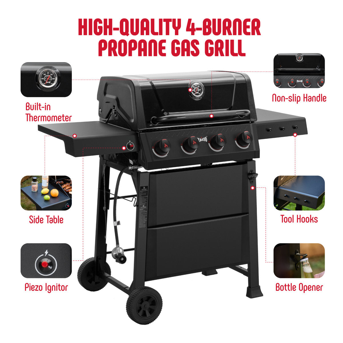 Feasto 4-Burner Propane Gas Grill With Collapsible Bbq Prep Tub