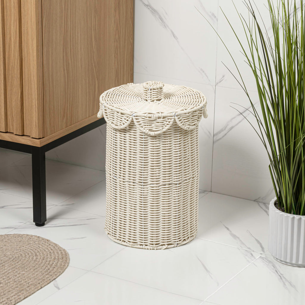 Fern Modern Bohemian Resin 2.9-Gallon Cylinder Wicker Wastebasket with Scalloped Lid