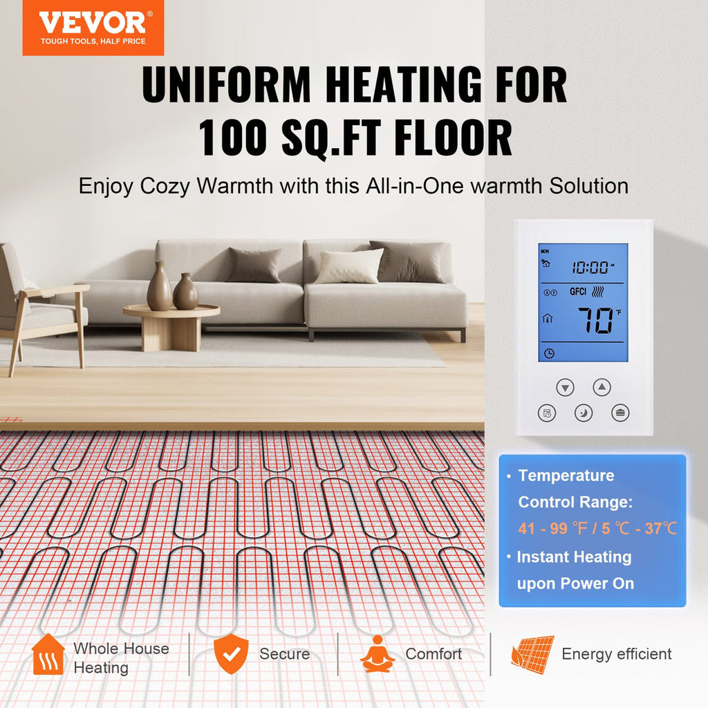 Floor Heating Mat,100Sq.Ft. 14¨H-113¨H Electric Radiant Floor Heated Warm System With Digital Floor Sensing Thermostat, 110-120V Includes Installation Monitor, Adhesive Back For Easy Installation