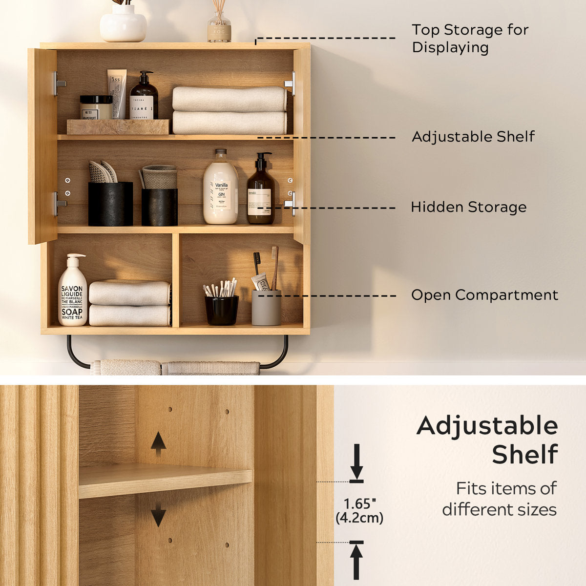 Fluted Bathroom Wall Cabinet，Sliding Barn Door Storage Cabinet  - Adjustable Shelf Storage for Bathroom & Kitchen