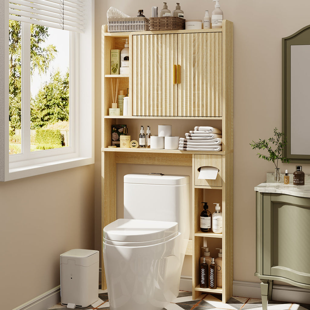 Fluted Over The Toilet Storage Cabinet, Above Toilet Bathroom Organizer With Toilet Paper Holder, Modern Behind Toilet Cabinet, Space Saver For Restroom, Bathroom, Laundry, Natural Oak