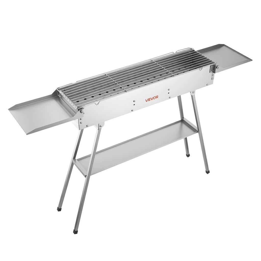 Foldable Charcoal Grill, 250 sq.in. Portable Charcoal Barbecue Grill with Liftable Charcoal Tray & Side Tables, Brushed Stainless Steel BBQ Cooking Grills for Outdoor Camping Backyard Parties