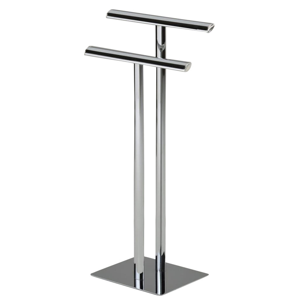 Freestanding Bathroom Towel Rack Stand with Two Chrome Bars and Weighted Base for Hanging Bath Towels and Washcloths in Compact Spaces with Sleek Metal Frame and Vertical Modern Design BS-1532