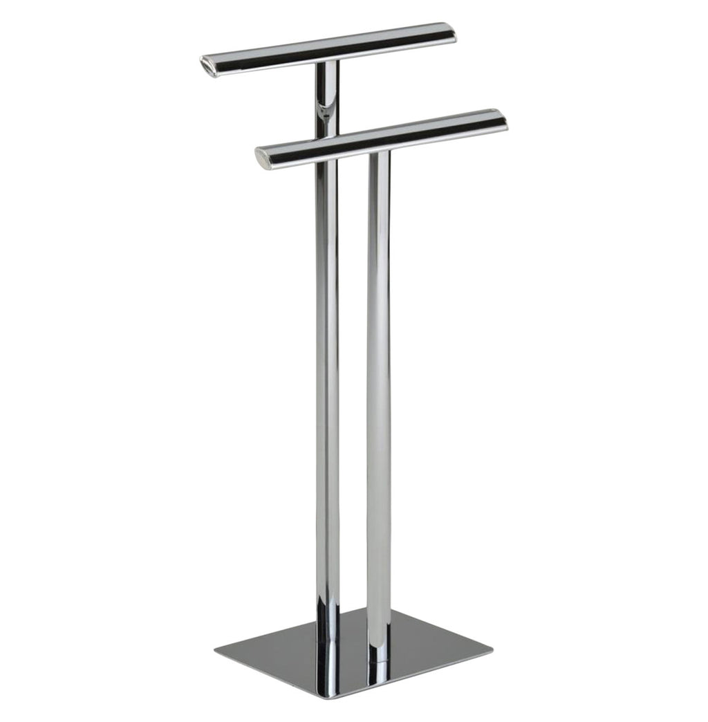 Freestanding Bathroom Towel Rack Stand with Two Chrome Bars and Weighted Base for Hanging Bath Towels and Washcloths in Compact Spaces with Sleek Metal Frame and Vertical Modern Design BS-1532