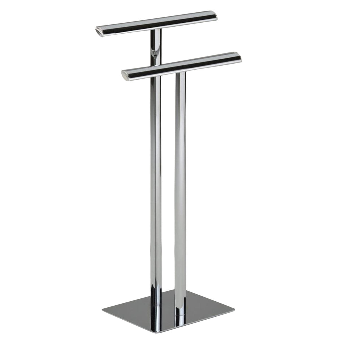 Freestanding Bathroom Towel Rack Stand with Two Chrome Bars and Weighted Base for Hanging Bath Towels and Washcloths in Compact Spaces with Sleek Metal Frame and Vertical Modern Design BS-1532