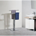 Freestanding Bathroom Towel Rack Stand with Two Chrome Bars and Weighted Base for Hanging Bath Towels and Washcloths in Compact Spaces with Sleek Metal Frame and Vertical Modern Design BS-1532