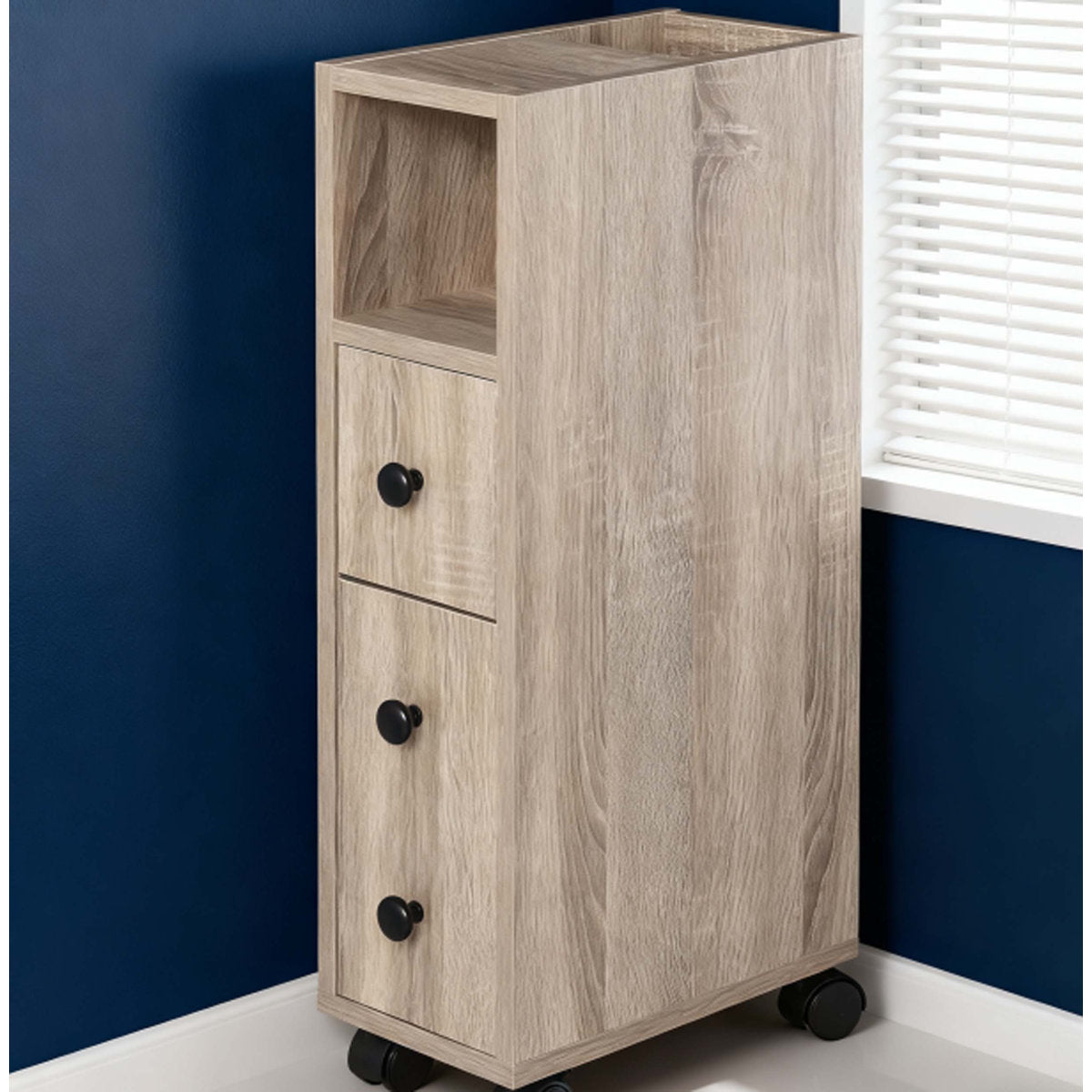 Freestanding Compact Bathroom Cabinet with Multiple Storage Solutions and Rolling Wheels, Oak Grain Finish
