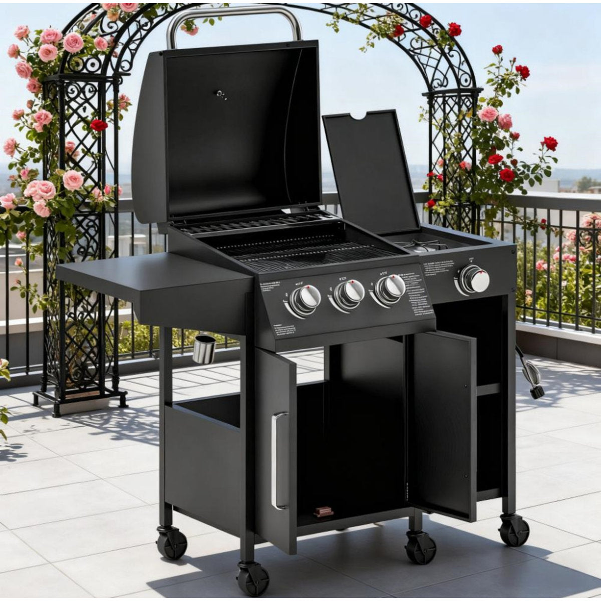 Freestanding Outdoor Gas Barbecue Grill, Household BBQ Cooking Grill Equipped with Practical Side Burner for Backyard Patio Outdoor Cooking