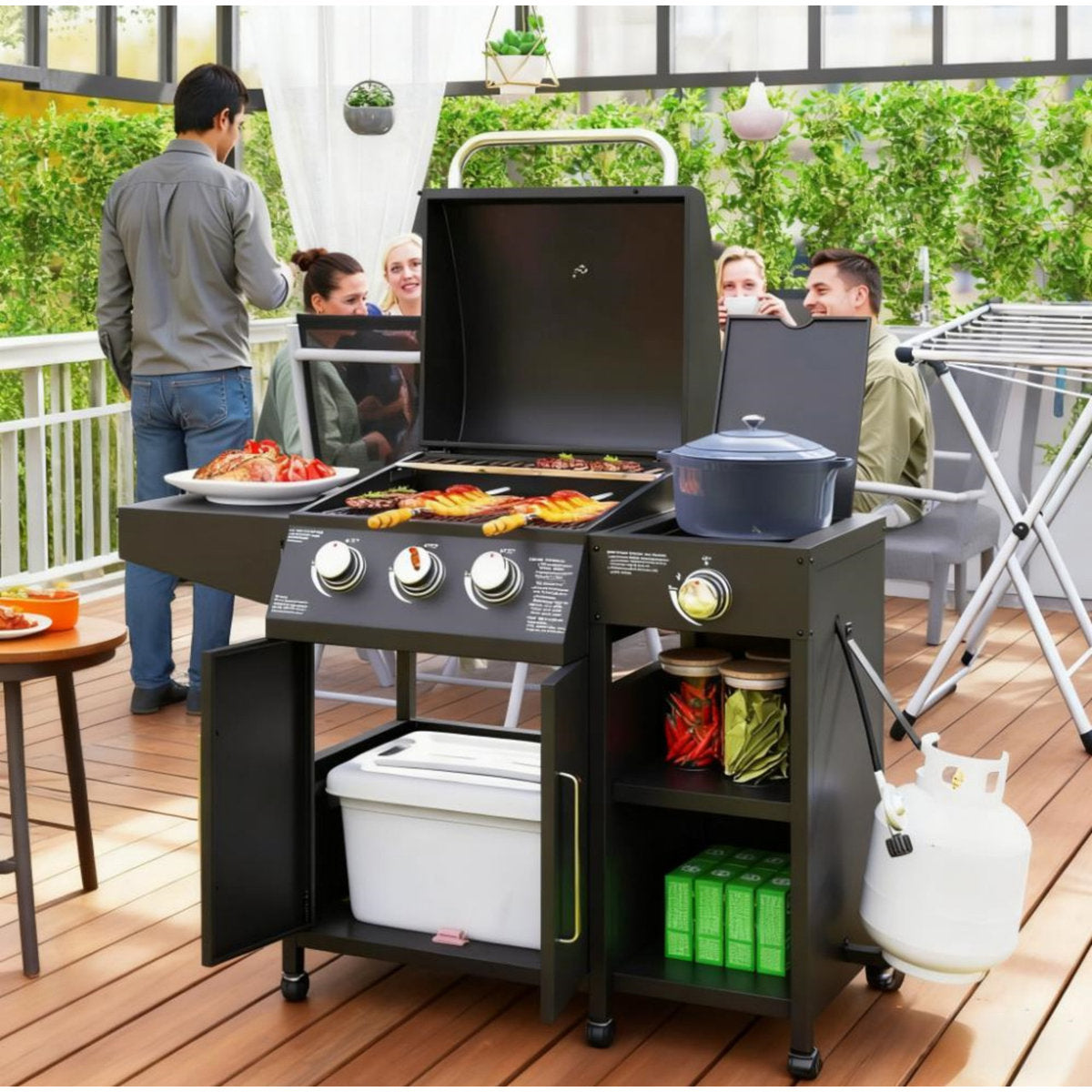 Freestanding Outdoor Gas Barbecue Grill, Household BBQ Cooking Grill Equipped with Practical Side Burner for Backyard Patio Outdoor Cooking
