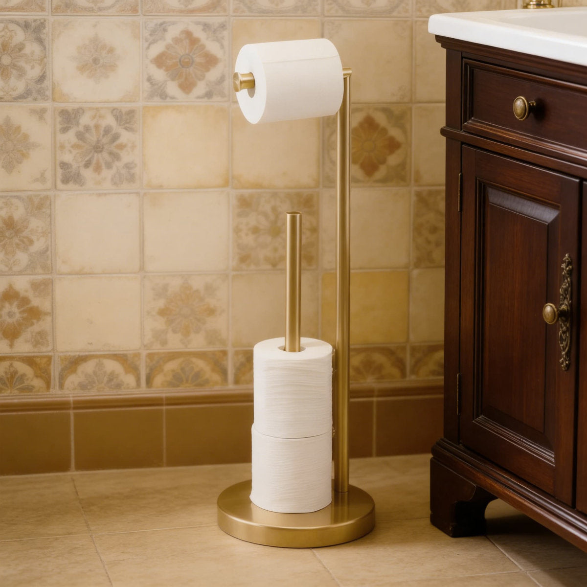Freestanding Toilet Paper Holder Stand With Reserve Function, Heavy Weighted Base And Anti-Slip Padding, Brushed Gold Finish