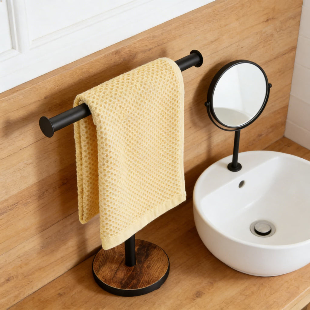 Freestanding Towel Holder Stand For Bathroom And Kitchen Countertop, Weighted Wood Base Towel Rack With Rustic Design, No Installation Required