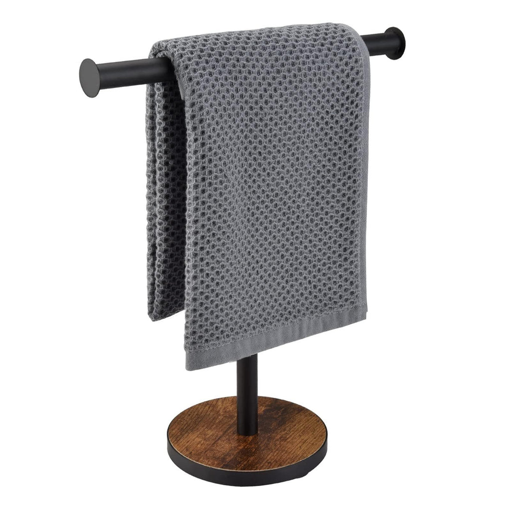 Freestanding Towel Holder Stand For Bathroom And Kitchen Countertop, Weighted Wood Base Towel Rack With Rustic Design, No Installation Required