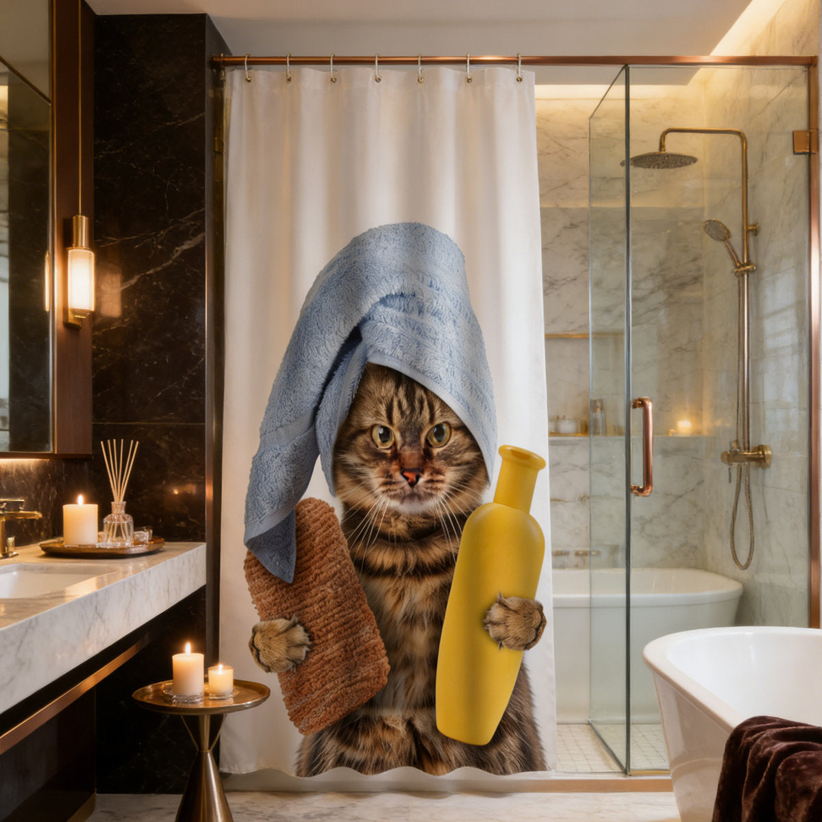 Funny Cat Shower Curtain, Waterproof Polyester Fabric Cute Animal Bathroom Curtain with 12 Hooks, 71 x 71 Inch, Playful Cat Print for Home Bathroom Decor