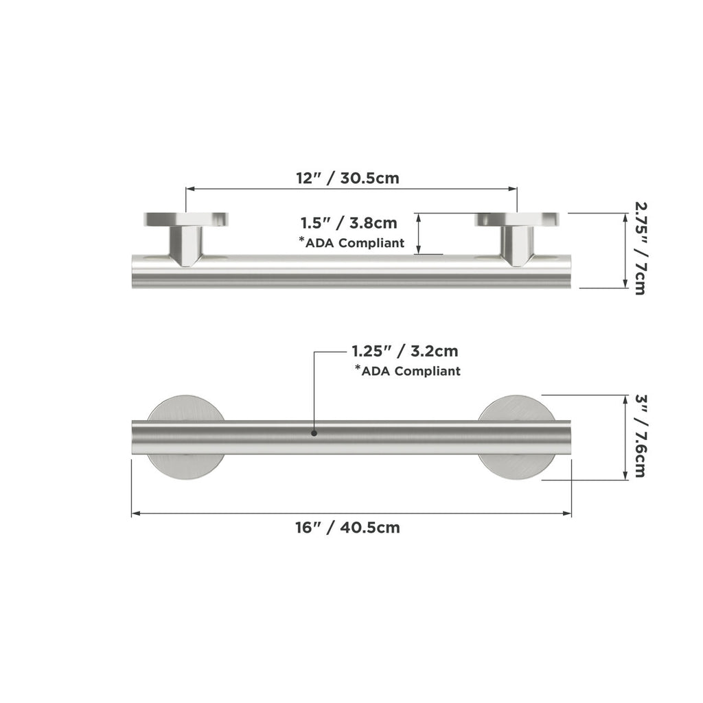 HORIZON  12 in. x 1.25 in. Grab Bar, ADA Compliant for Bath and Shower Safety (500 lb. Capacity) in Brushed Stainless HGB-12-BS