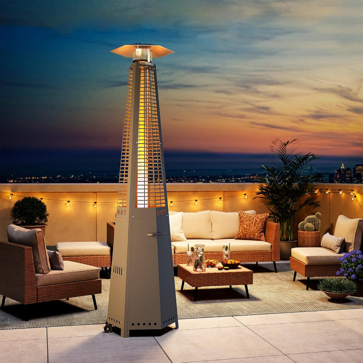 Hexagon Propane Heater, Outdoor Patio Pyramid Flame Heater with Wheels and Cover, 48000 Portable Propane Heater for Large Space, Outside Party, Backyard and Garden