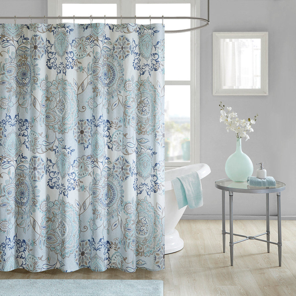 Isla Blue 100% Cotton Floral Printed 72x72'' Shower Curtain