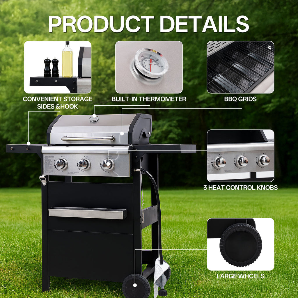 KEESTP Propane Grill 3 Burner Barbecue Grill Stainless Steel Gas Grill with Cover for Outdoor BBQ