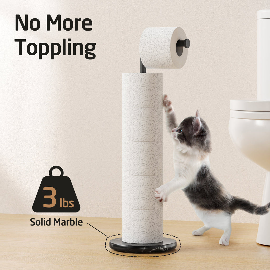 KES 24.8" H Toilet Paper Holder Stand with Weighted Natural Marble Base with Reverse, 18/8 Stainless Steel Tissue Holder for Bathroom, Matte Black BPH582BWF-BK