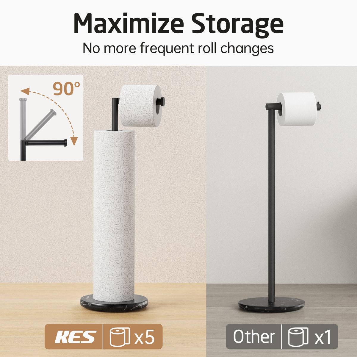 KES 24.8" H Toilet Paper Holder Stand with Weighted Natural Marble Base with Reverse, 18/8 Stainless Steel Tissue Holder for Bathroom, Matte Black BPH582BWF-BK