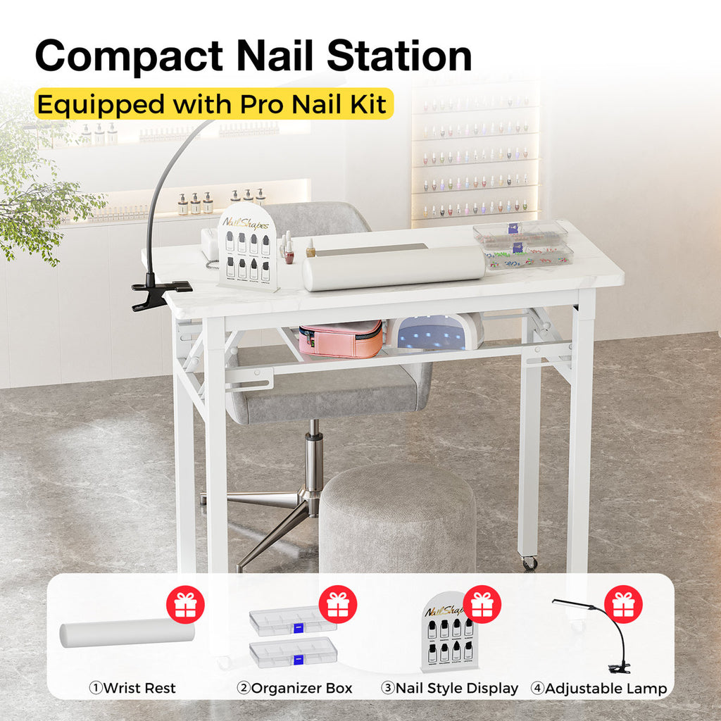 Kylan Professional Foldable Nail Table with Metal Frame, Dust Collector, Wrist Cushion, LED Lamp and Storage Accessories