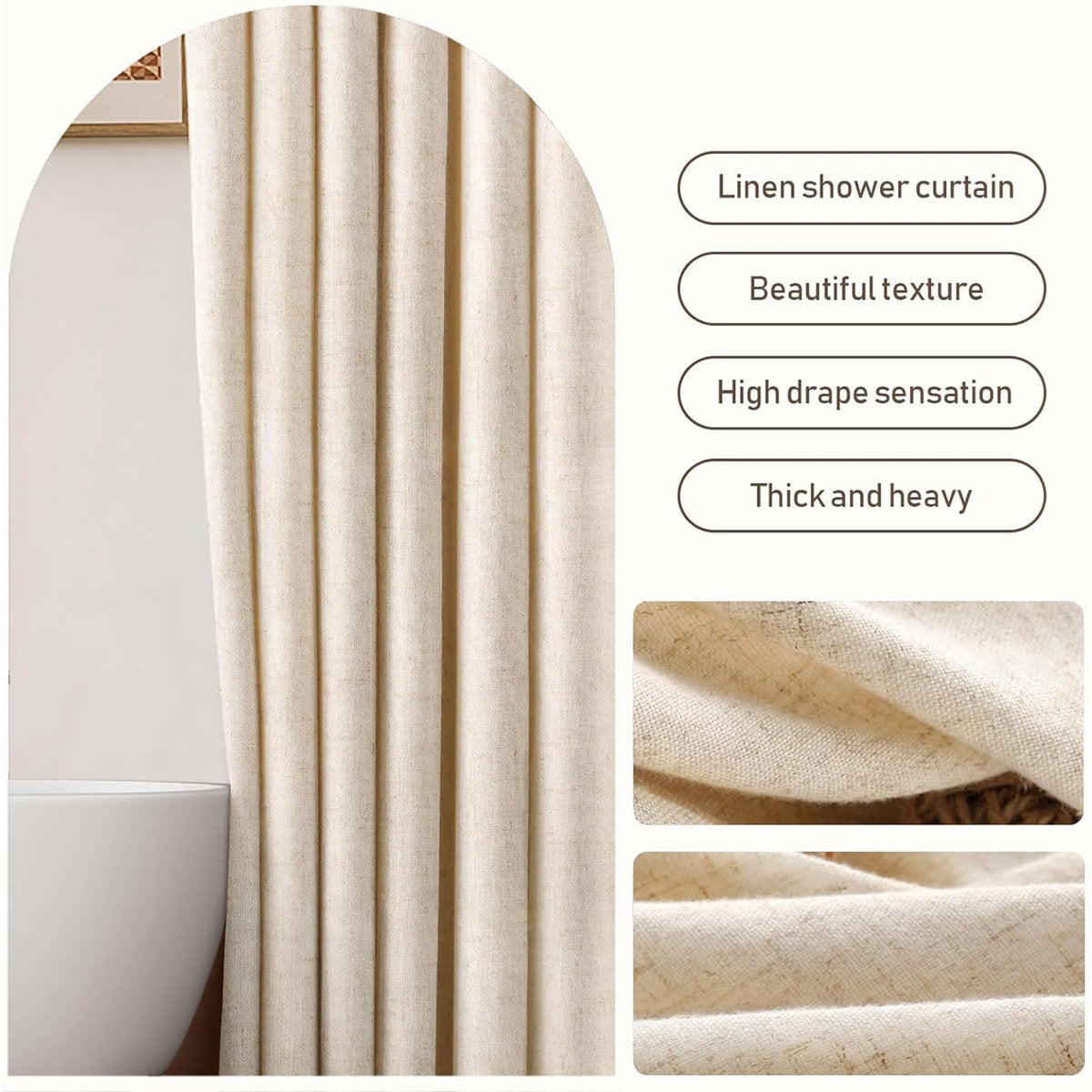 Linen Beige Shower Curtain - 72 X 72 Inch Boho Farmhouse Fabric Curtain, Cream Cloth Shower Curtain For Bathroom Decor