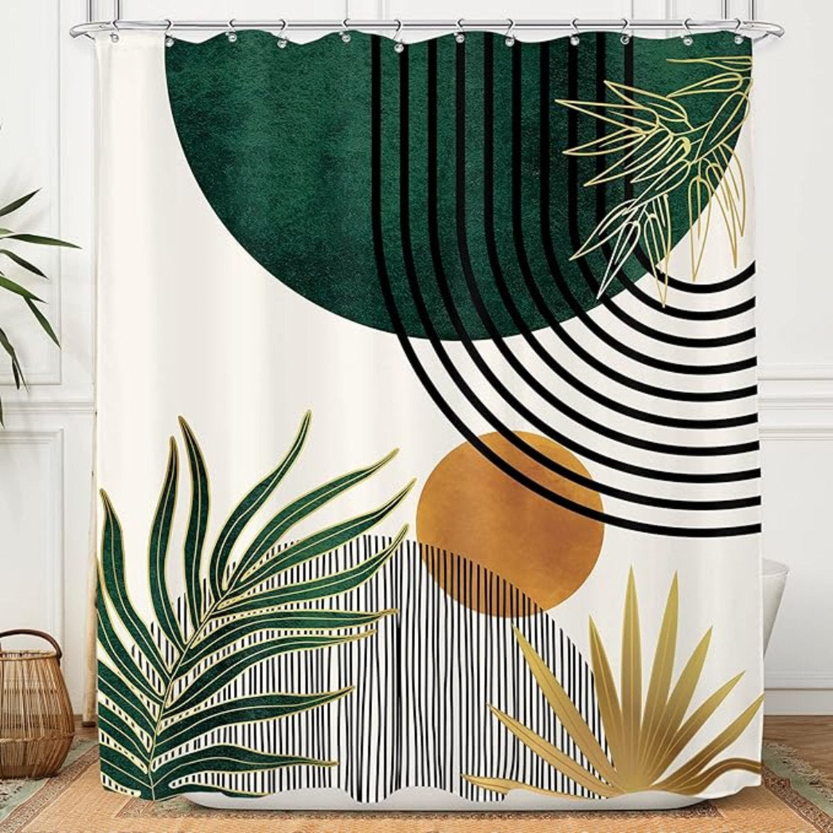 Mid Century Green Boho Shower Curtain, Abstract Modern Shower Curtains For Bathroom, Plant Botanical Minimalist Leaf Arch Sun Fabric Liner Waterproof Polyester 12 Pack Hooks 60Wx72l Inches
