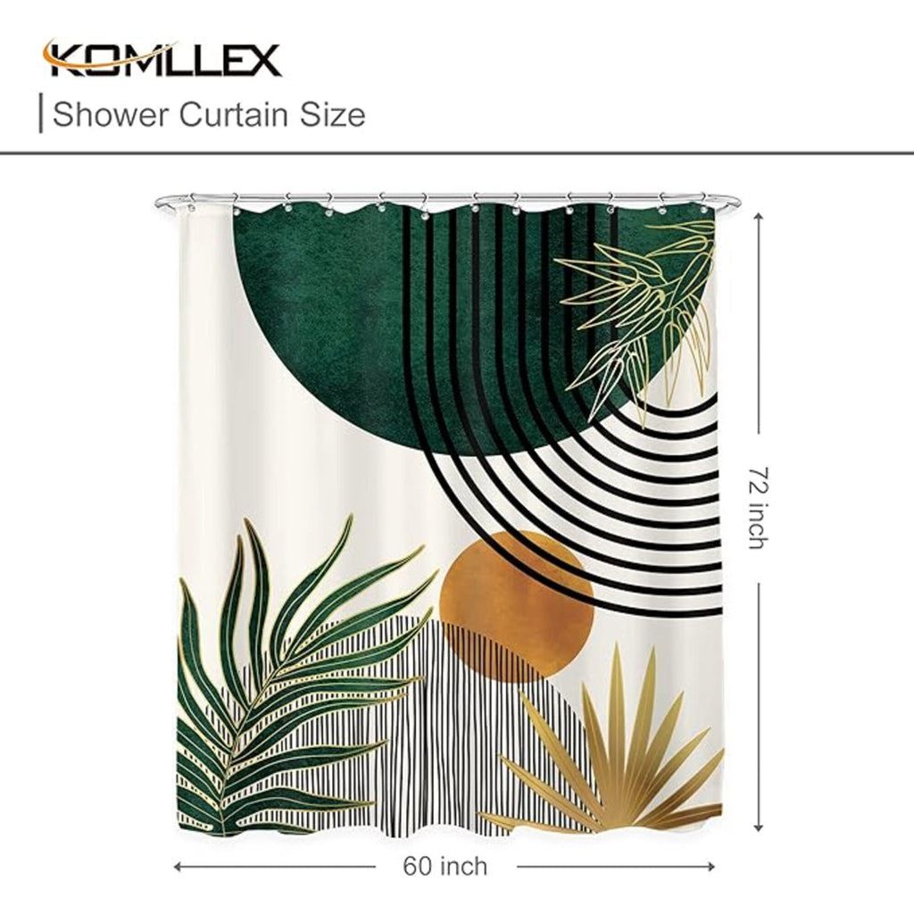 Mid Century Green Boho Shower Curtain, Abstract Modern Shower Curtains For Bathroom, Plant Botanical Minimalist Leaf Arch Sun Fabric Liner Waterproof Polyester 12 Pack Hooks 60Wx72l Inches