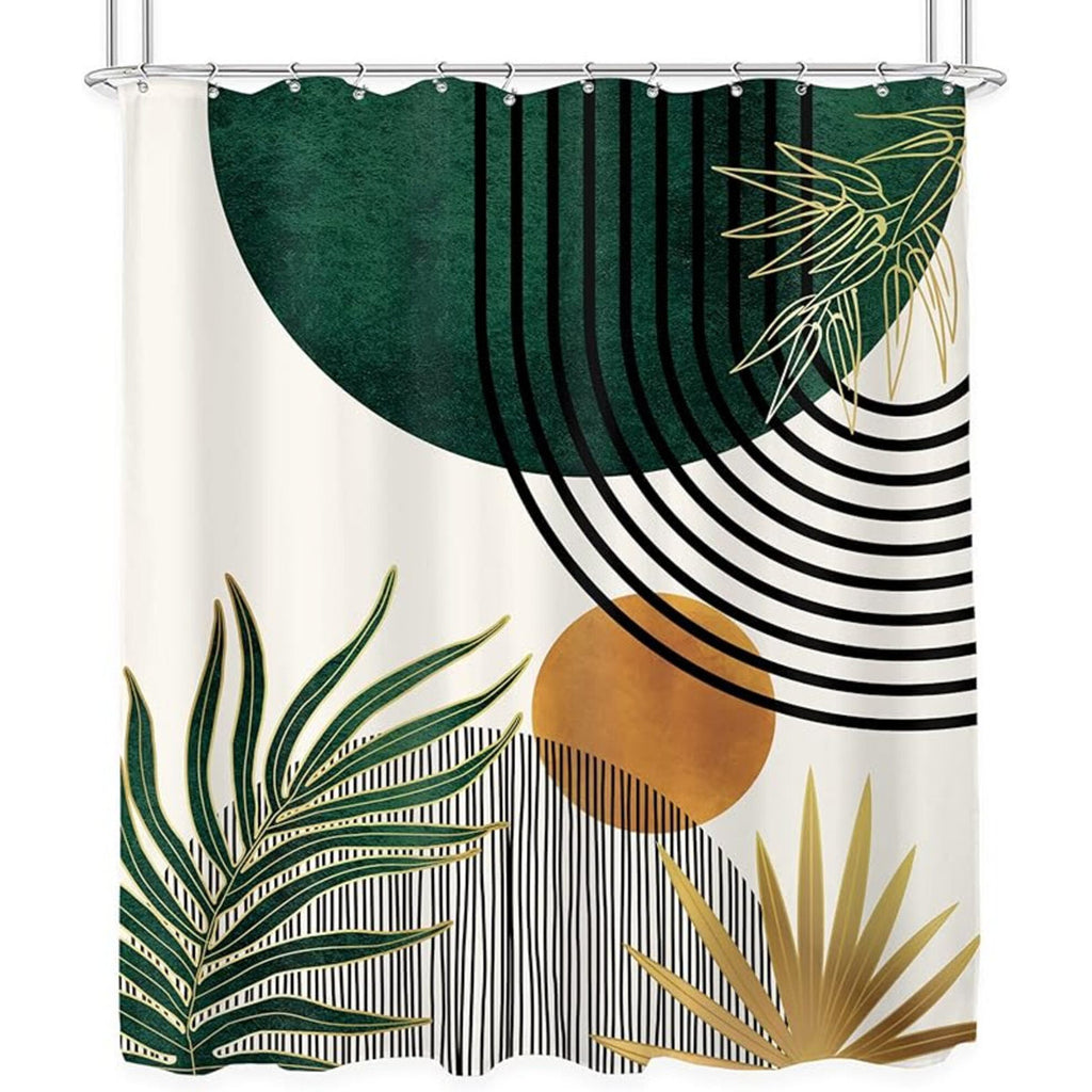 Mid Century Green Boho Shower Curtain, Abstract Modern Shower Curtains For Bathroom, Plant Botanical Minimalist Leaf Arch Sun Fabric Liner Waterproof Polyester 12 Pack Hooks 60Wx72l Inches