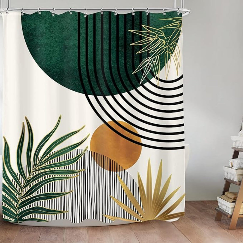 Mid Century Green Boho Shower Curtain, Abstract Modern Shower Curtains For Bathroom, Plant Botanical Minimalist Leaf Arch Sun Fabric Liner Waterproof Polyester 12 Pack Hooks 60Wx72l Inches